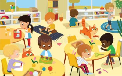 female-preschool-nursery-nurse-kindergarten-teacher-playing-children-modern-equipped-classroom-cartoon-vector-illustration-163674606